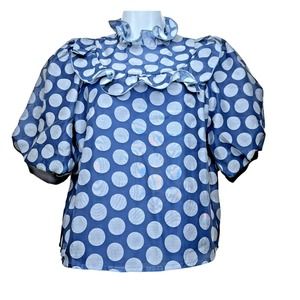 Gracia Blouse Womens Small Puff Sleeve Top Blue Polka Dot Ruffle Trim Lined